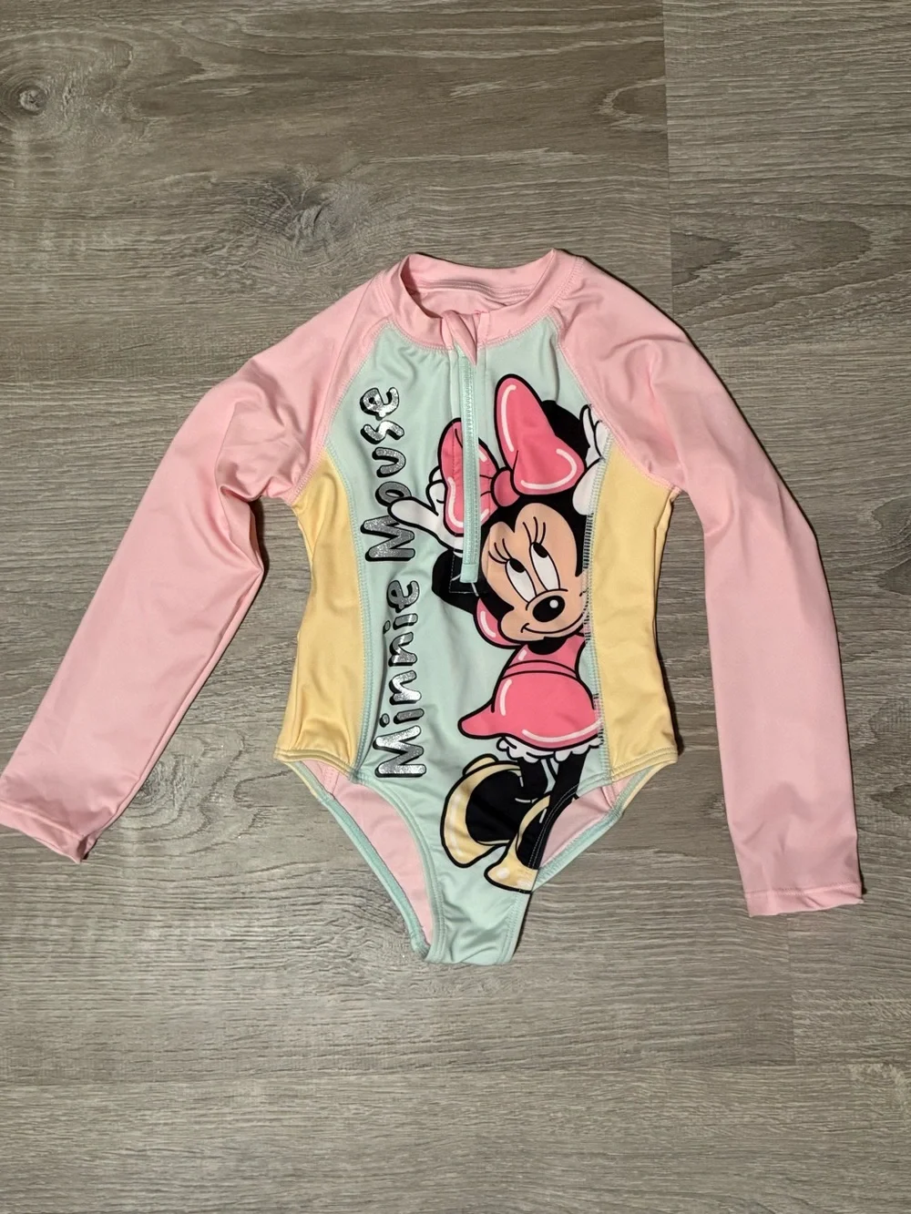 Disney Junior Minnie Mouse Pastel Long Sleeve One-Piece Swimsuit Rashguard Swim